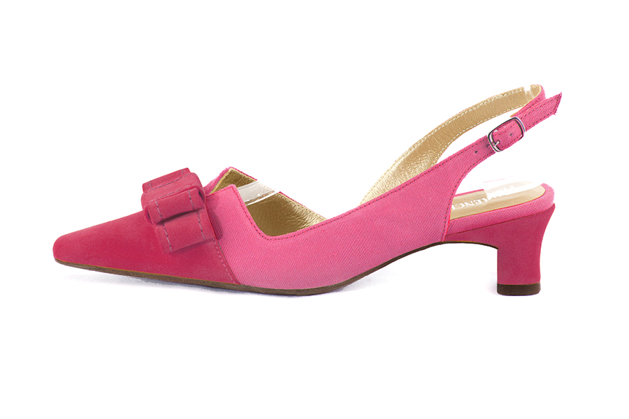 Fuchsia pink and hot pink elegant slingback heels, with a bow on the front. Tapered toe. Low kitten heels. - Florence KOOIJMAN